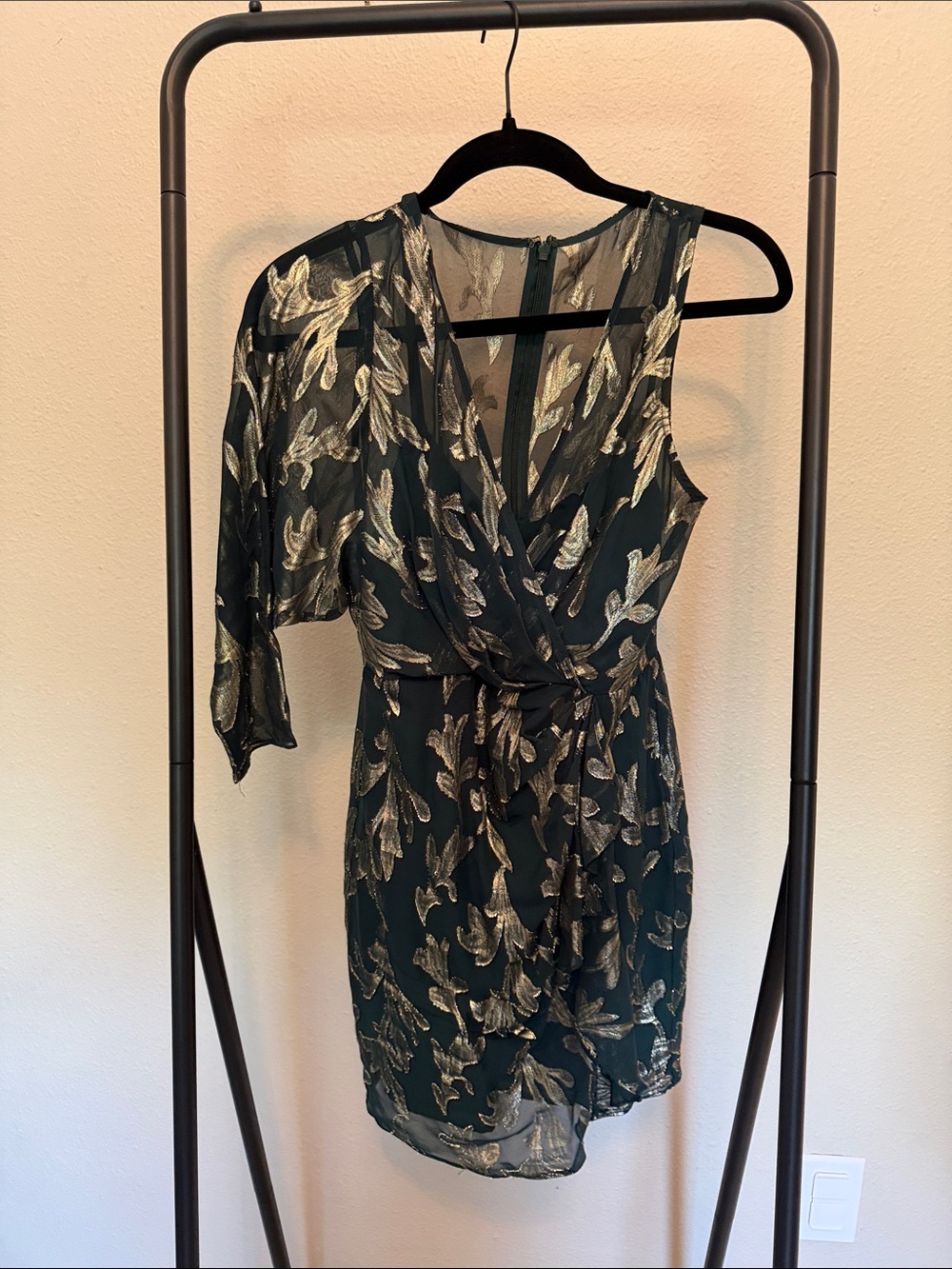 BCBGMaxAzria Forest Green One-Shoulder Metallic Leaf Dress Size 0